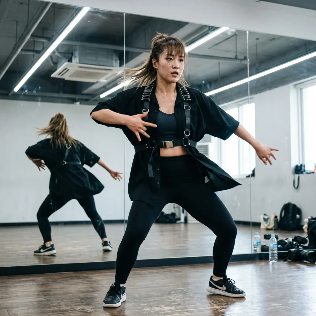 Minimalist DIY K-pop demon hunter outfit designed for dance performance mobility with chest harness and pinned talismans.