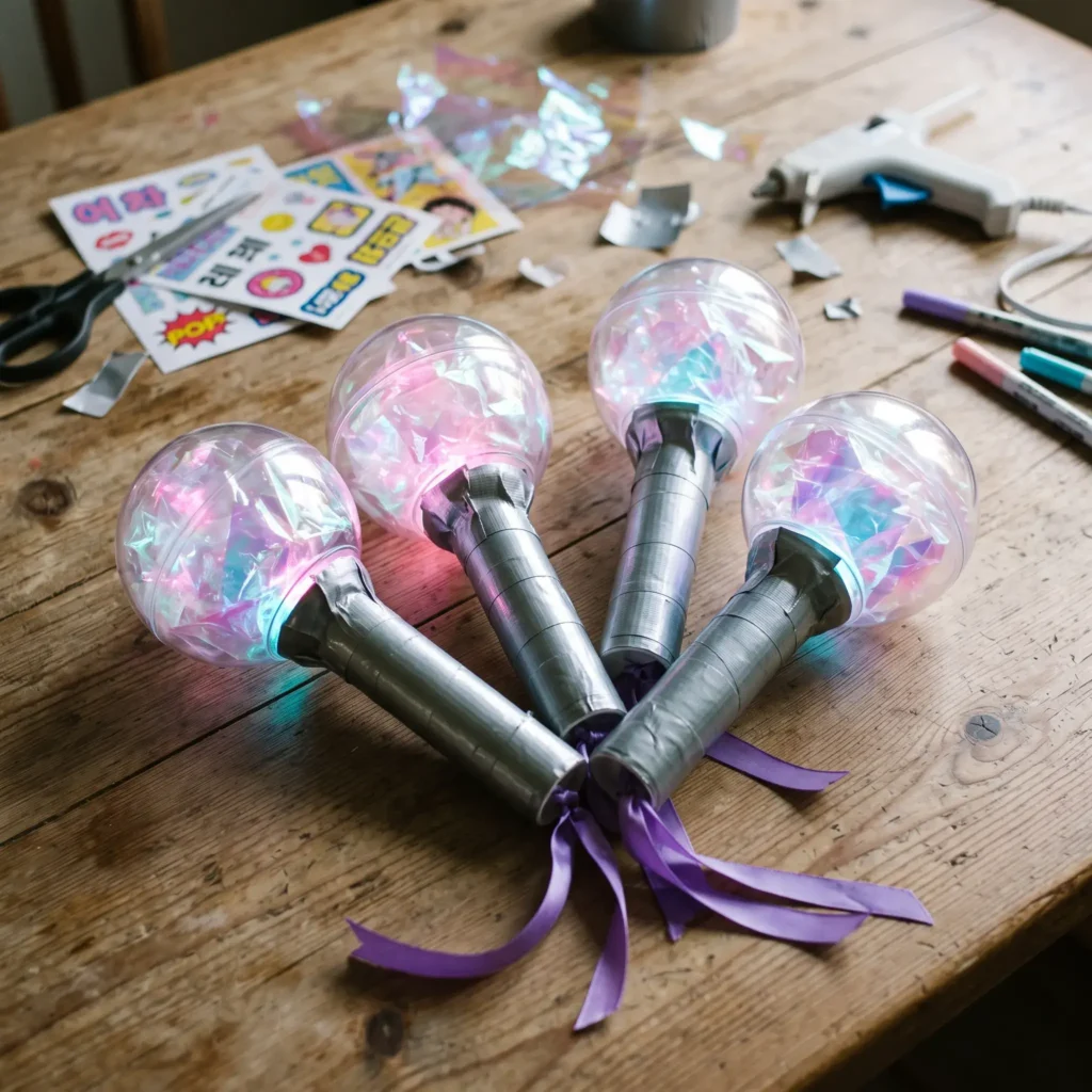 Handcrafted DIY K-Pop Demon Hunter concert lightsticks with glowing LED handles and holographic ribbon