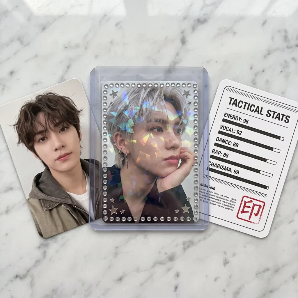 Custom collectible double-sided K-Pop idol photocards inside clear rigid plastic sleeves with rhinestone borders
