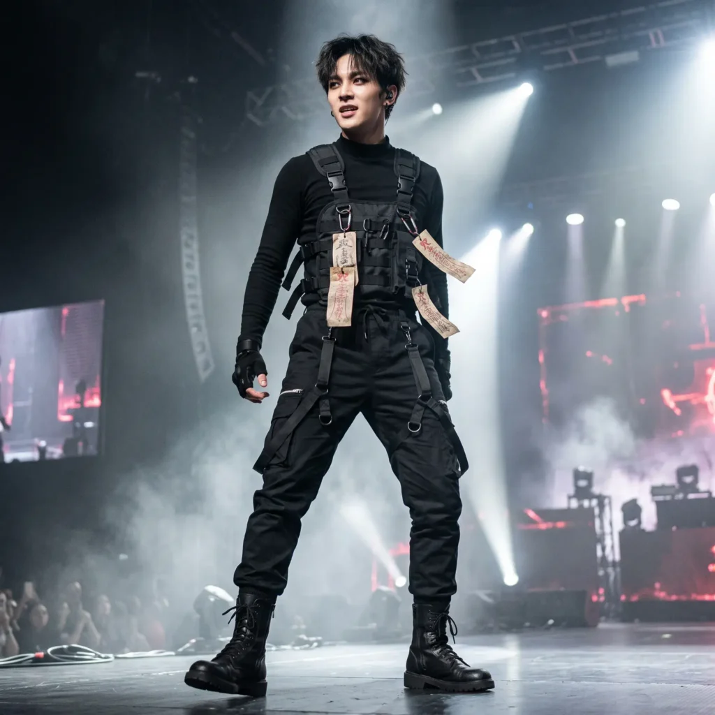 Male cosplayer modeling an all-black tactical techwear K-pop demon hunter costume with chest rig and cargo pants.
