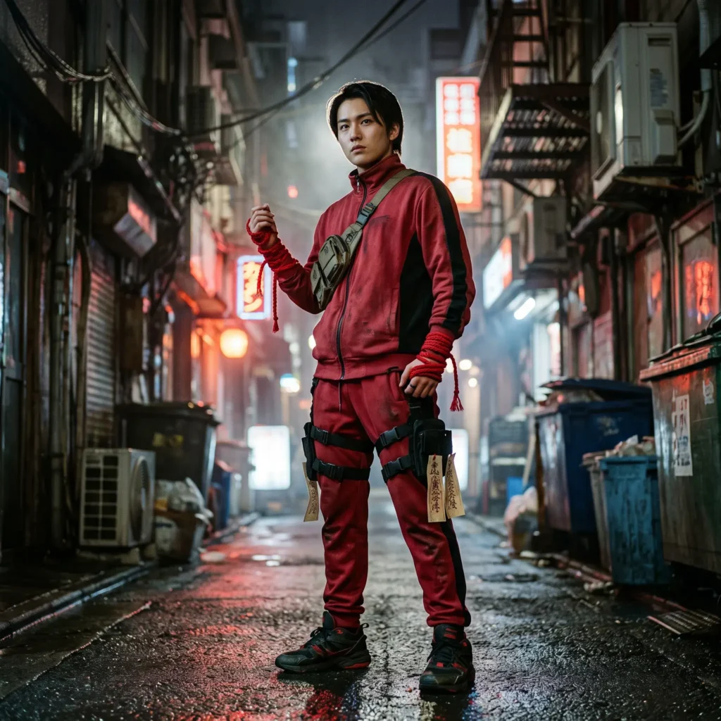 Modern urban exorcist costume featuring a modified red tracksuit and tactical leg sheaths.