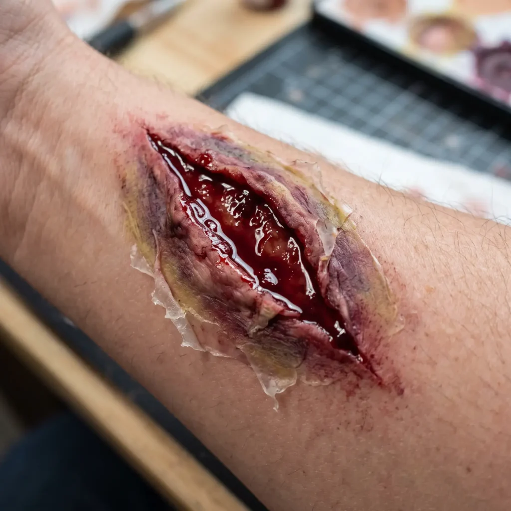 Step-by-step result of an SFX laceration created on skin using liquid latex and single-ply tissue.