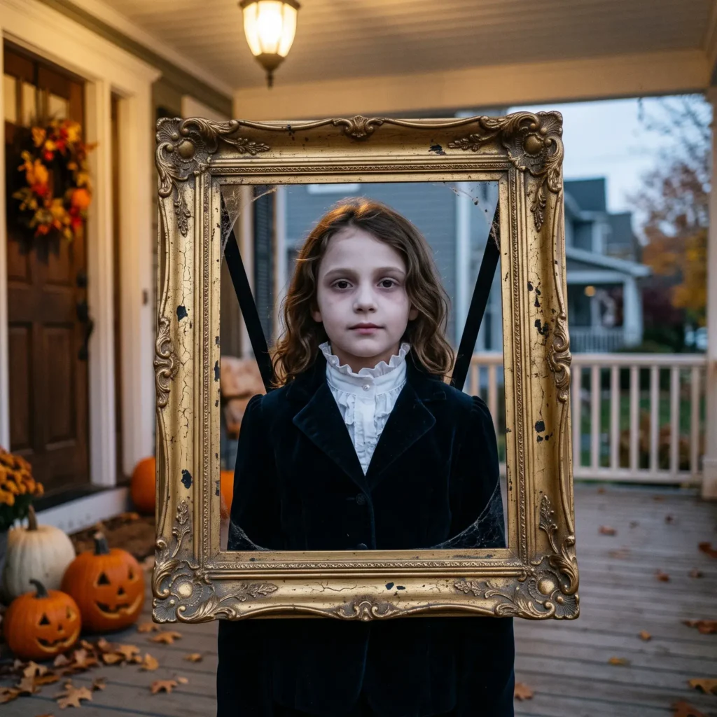 Kid wearing a wearable antique picture frame costume with vintage clothes and ghostly face paint.