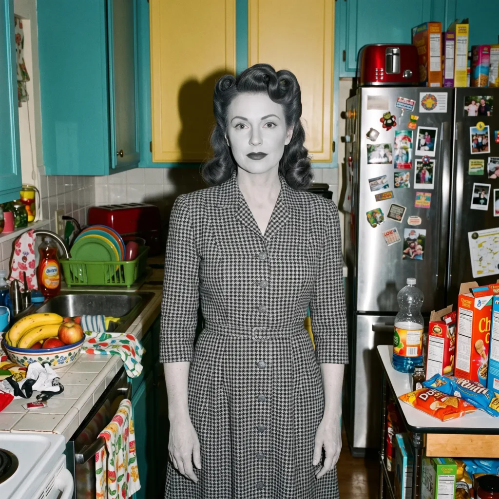 Woman dressed in a complete black and white monochrome costume with gray makeup and vintage 1940s tweed.