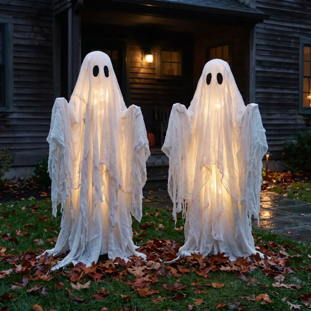 Lighted DIY outdoor sheet ghost made from an inverted tomato cage standing on a front porch lawn.