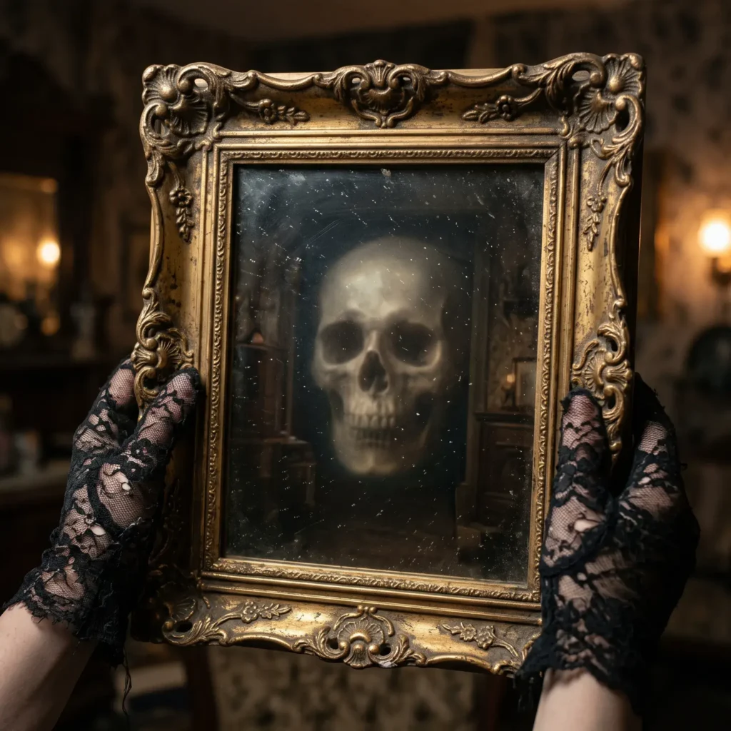 Person holding a vintage picture frame that reveals a glowing skull through a two-way mirror illusion.