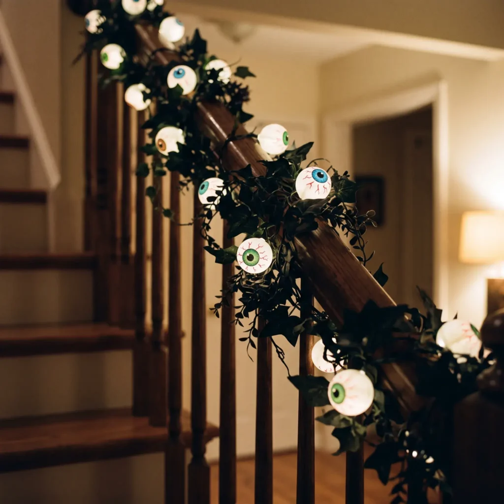 String of glowing DIY ping pong ball eyeballs wrapped around a dark wooden staircase railing.
