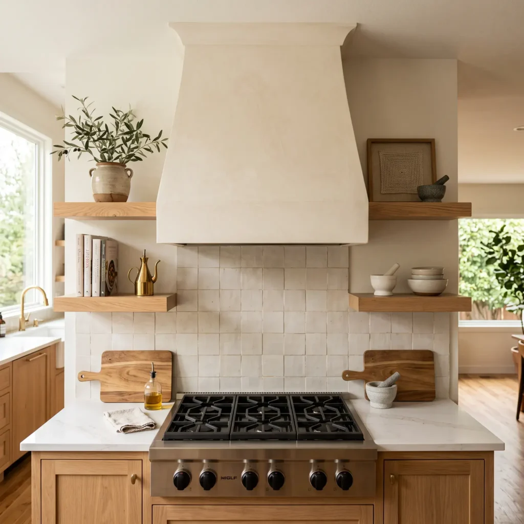 Custom Venetian plaster range hood enclosure installed above a cooktop in a one-wall kitchen.