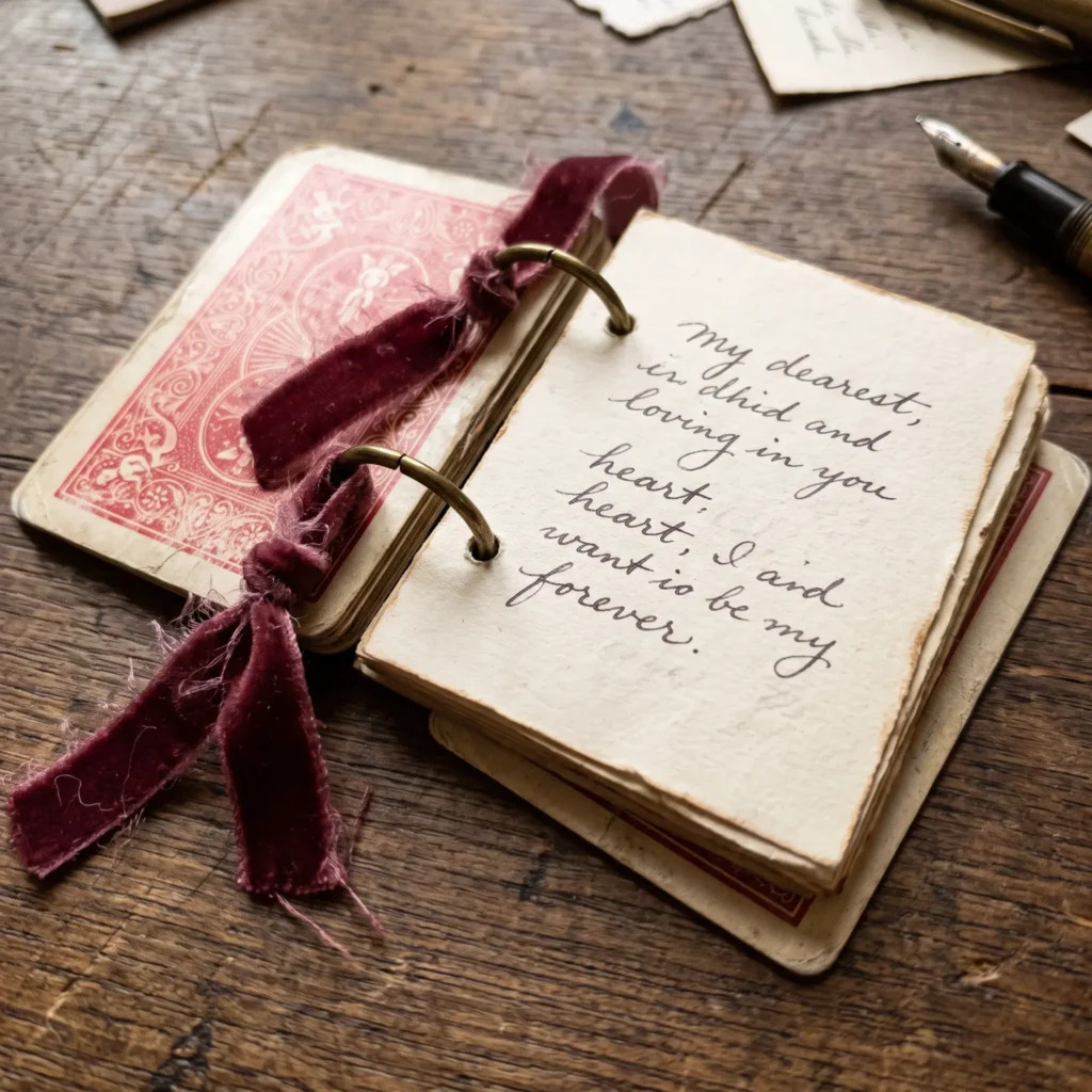 A handmade mini album crafted from playing cards bound with metal rings and tied with red velvet ribbon.