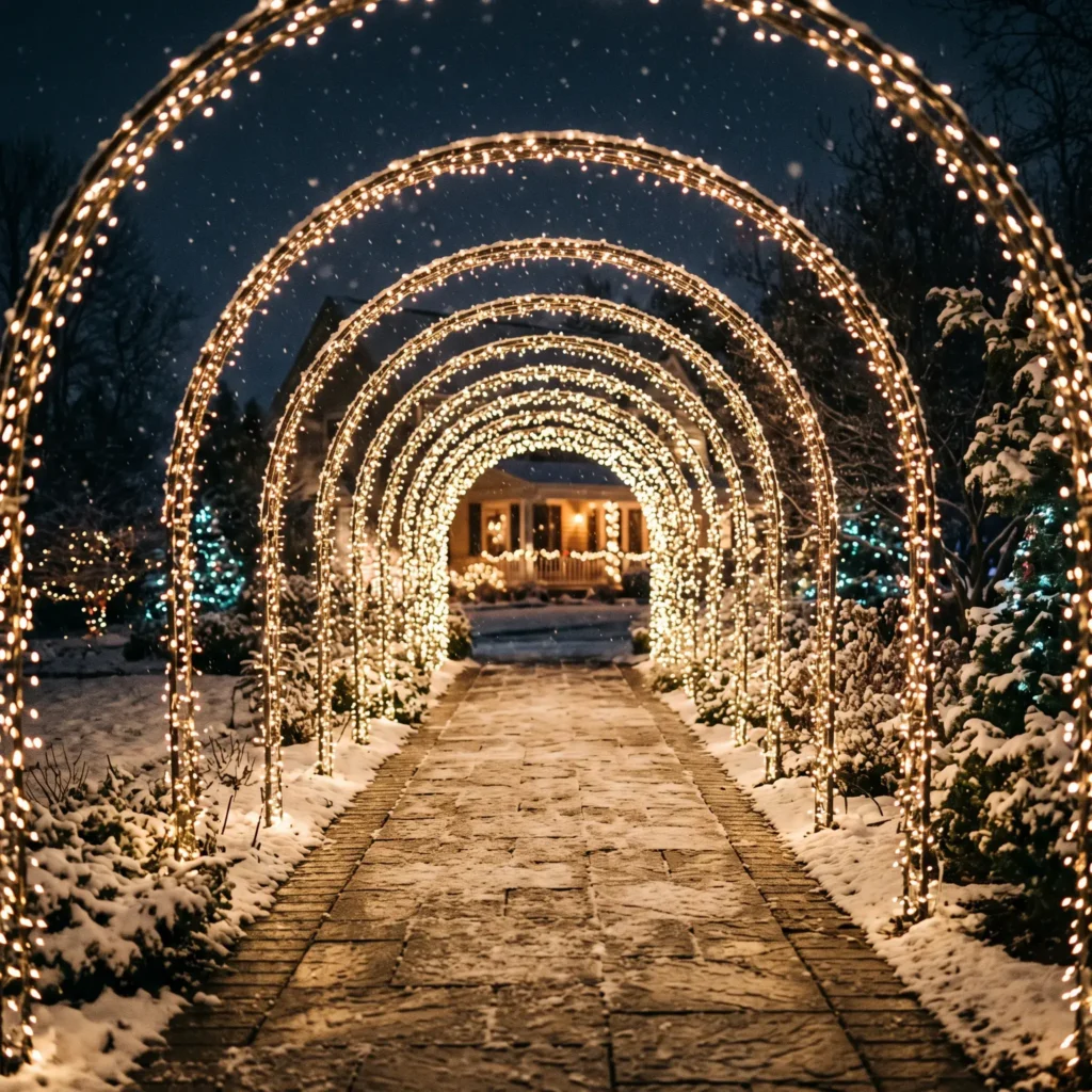 Curved walkway archway tunnel glowing with warm white lights over a front stone pathway.
