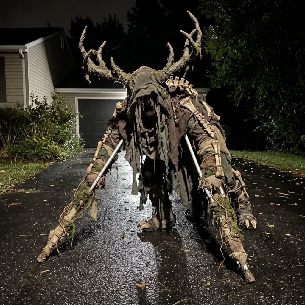 Performer on drywall stilts and arm extensions in a towering shredded burlap Wendigo costume.