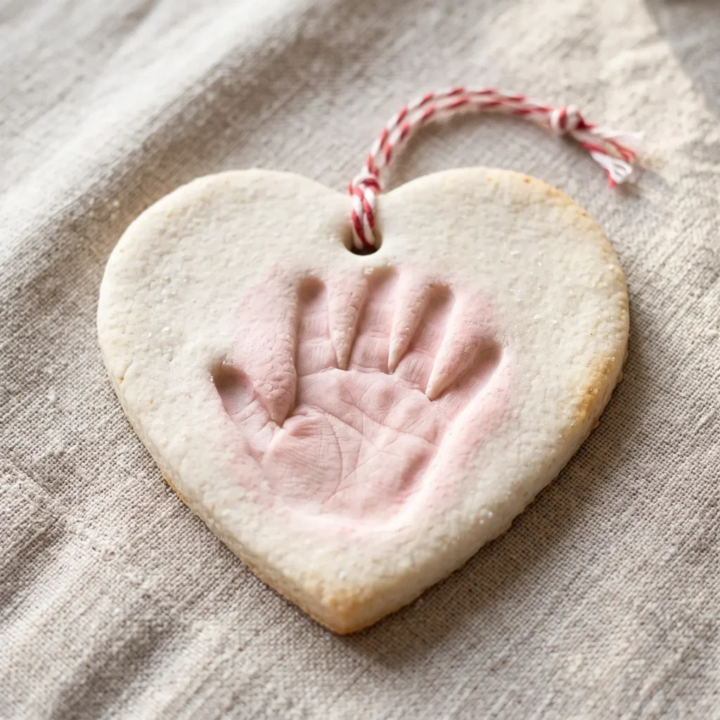 A baked white salt dough heart ornament with a baby handprint impression tied with a striped twine ribbon.