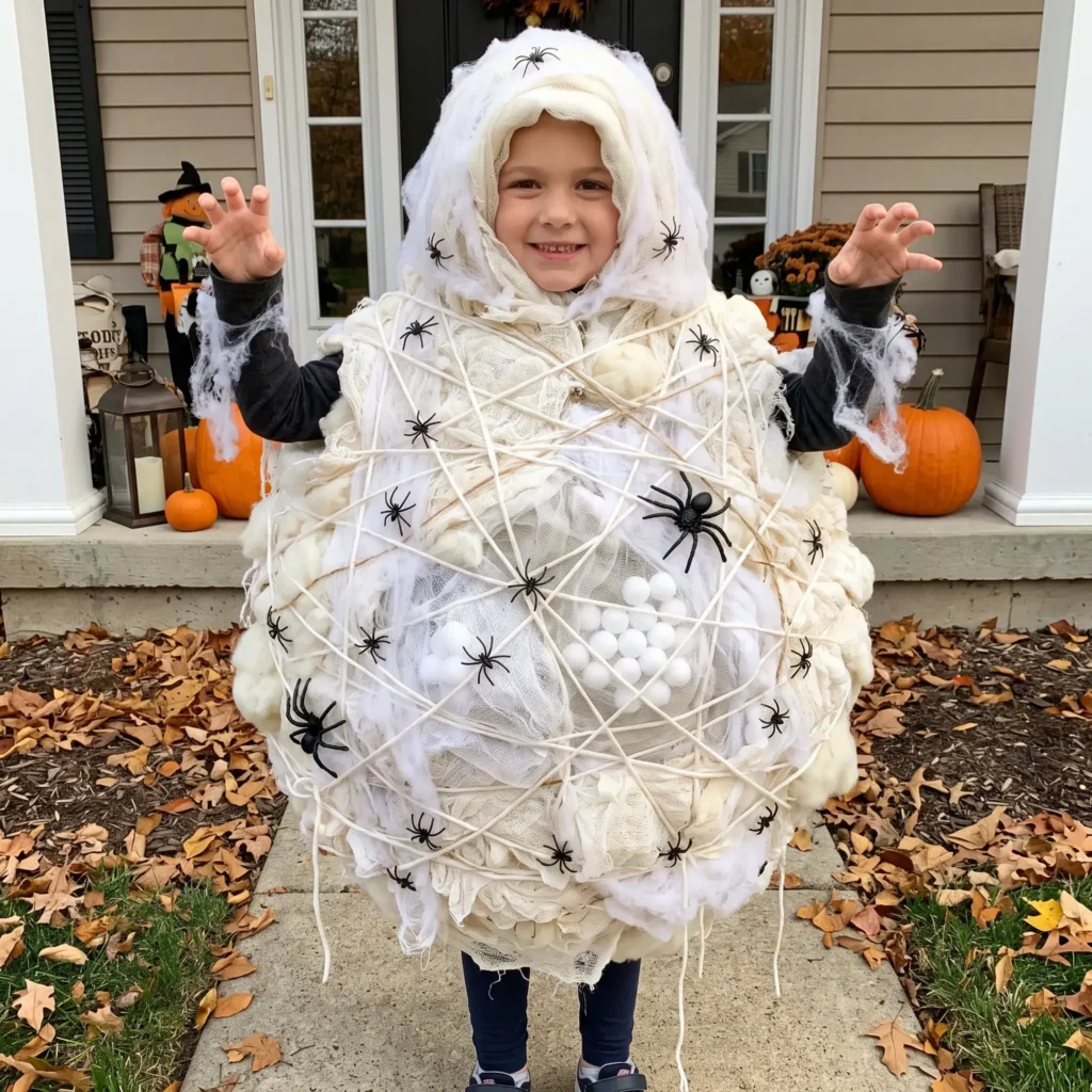 Child dressed in textured web wrapping with a glowing cluster of spider eggs and plastic spiders on the shoulder.