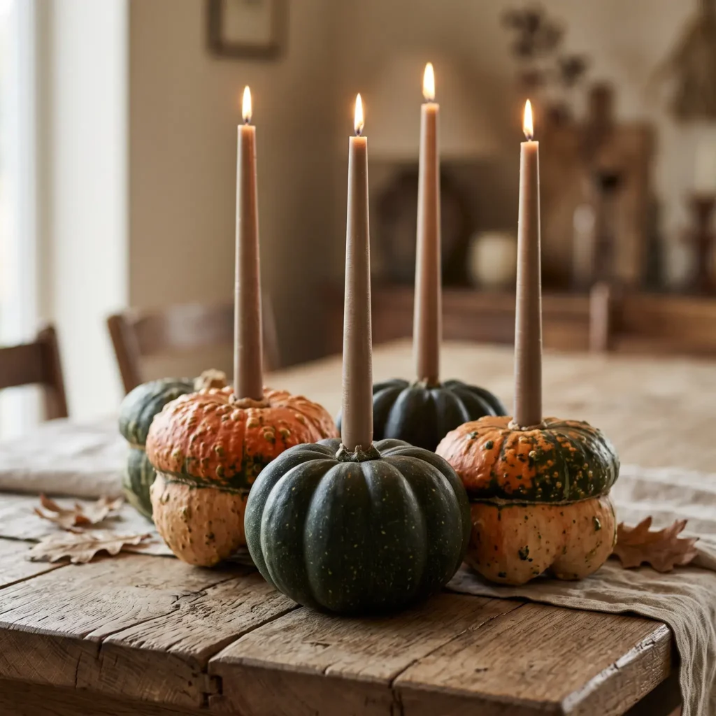 Trio of dark green acorn squashes and pale pumpkins converted into holders for tall taupe taper candles on a wooden table.