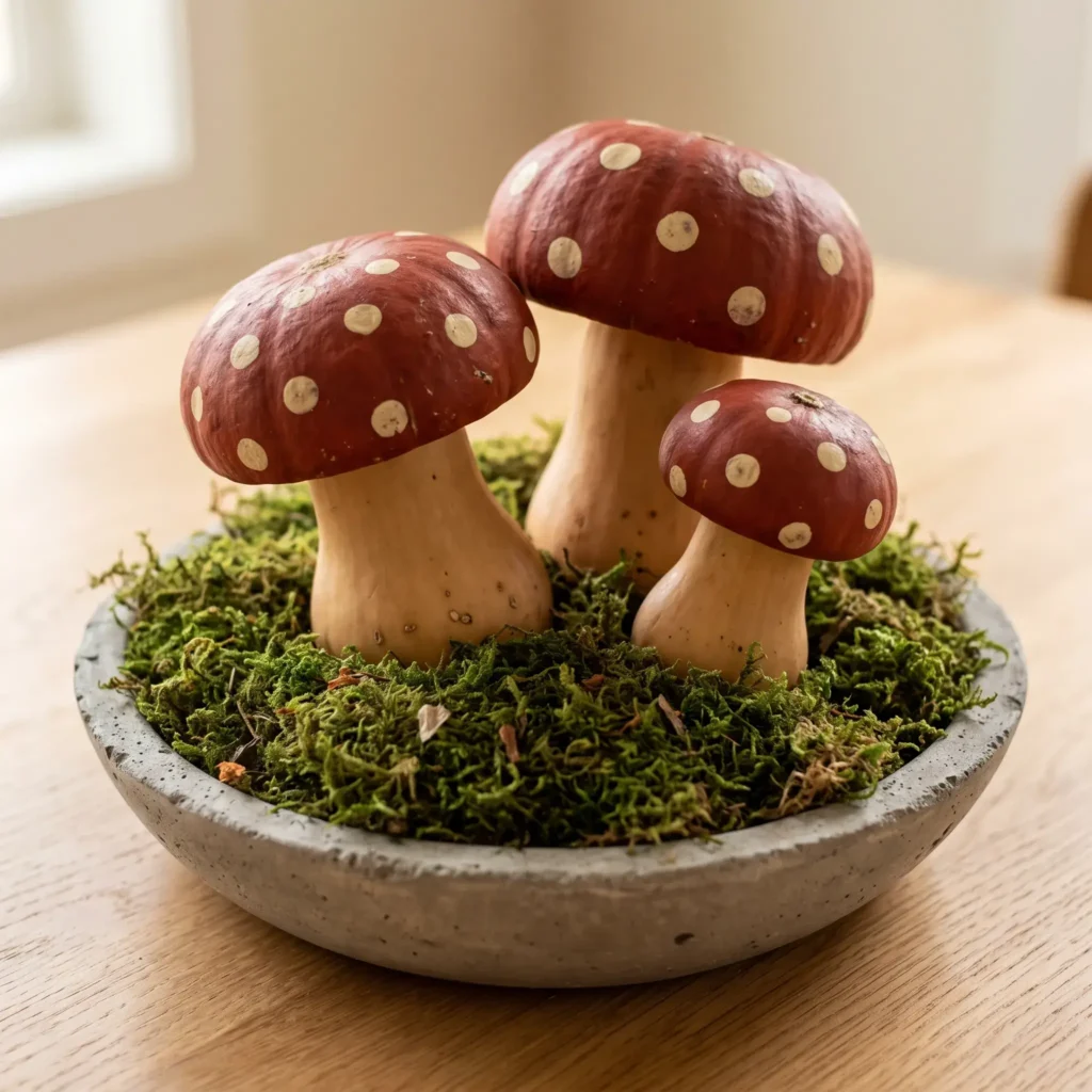 Decorative autumn toadstools crafted from squash and miniature pumpkins painted red with white polka dots.