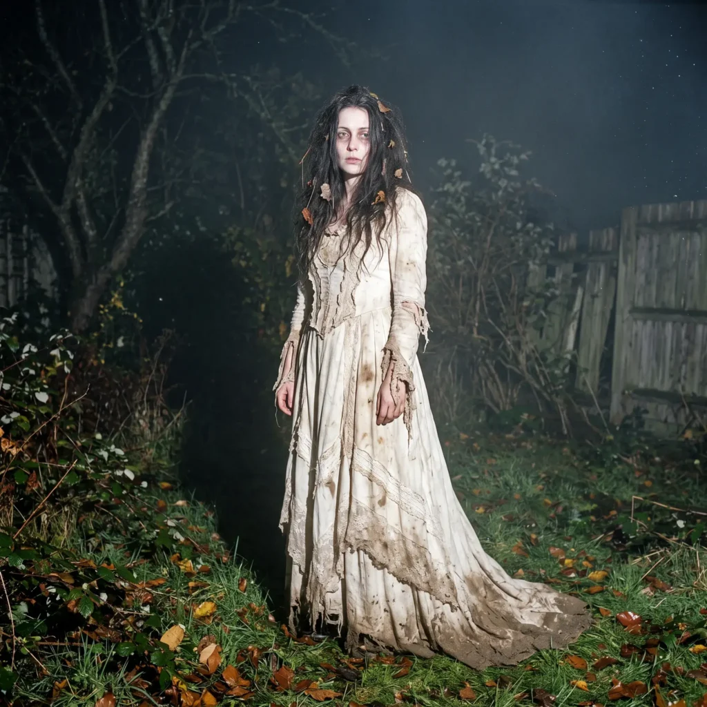 Woman wearing a heavily distressed, tea-stained vintage dress with frayed hems and realistic swamp weathering.