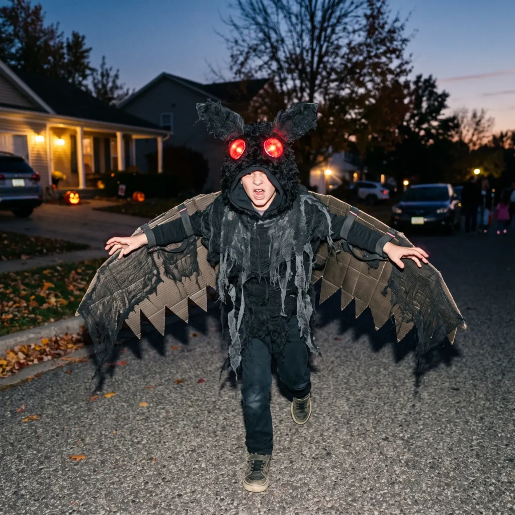 Child extending articulated cardboard mothman wings with glowing red eye lenses mounted on a hood.