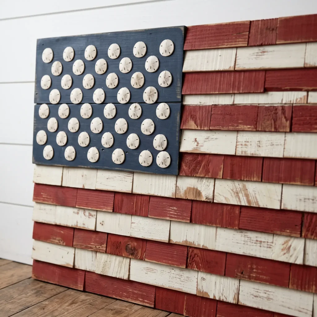 Handcrafted wooden architectural flag made of layered shims painted in muted red, white, and navy with white sand dollar stars.