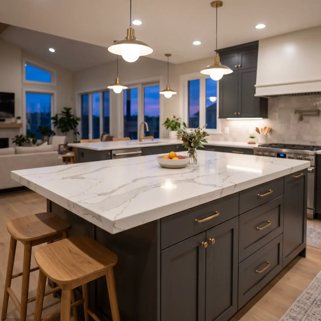 Double-sided kitchen island made from IKEA SEKTION base cabinets with dark gray AXSTAD fronts and a quartz breakfast bar.
