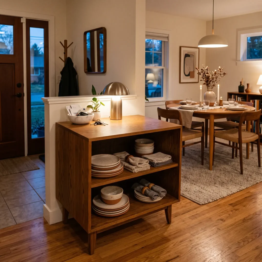 Double sided low oak storage credenza serving as an entryway room divider next to a dining area.