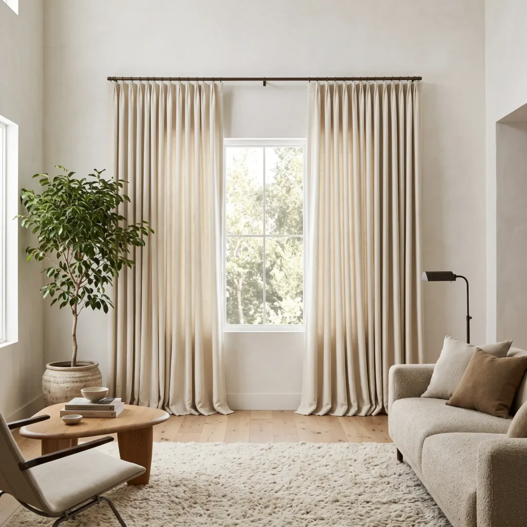 Wide beige curtain panels covering an entire wall area around a living room window.