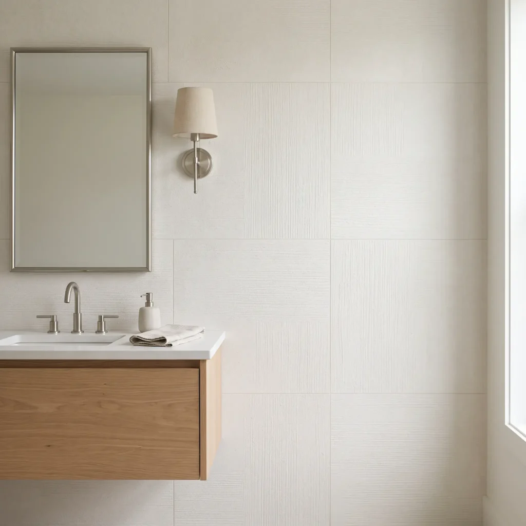 Low-relief matte porcelain wall tiles with a dragged plaster texture in a warm neutral bathroom