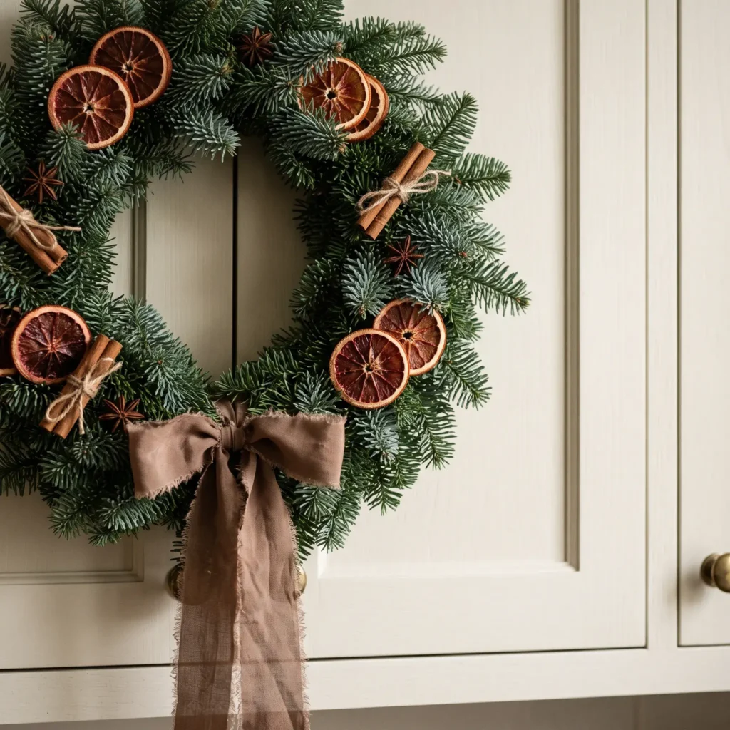 Noble fir holiday wreath adorned with dehydrated ruby blood orange slices, whole cinnamon sticks, and mocha ribbon.