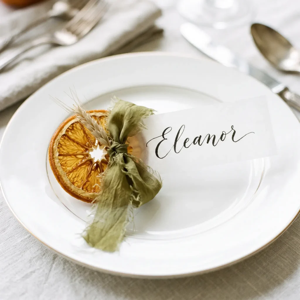 Translucent baked orange slice tied with olive silk ribbon to a calligraphed vellum name card on a dinner plate.