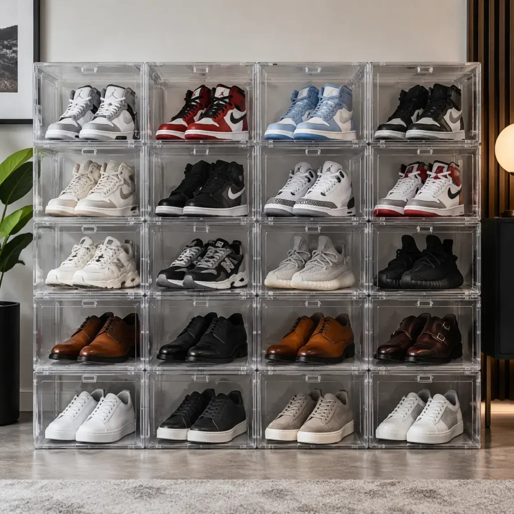 Stacked clear drop-front storage boxes holding sneakers and leather dress shoes.