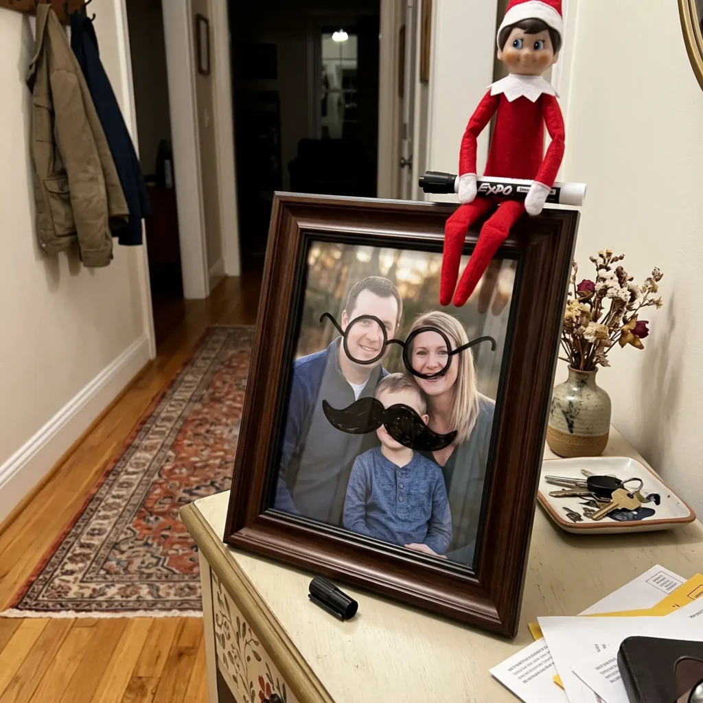 Framed family photo with a dry-erase mustache drawn on the glass beside a scout elf.