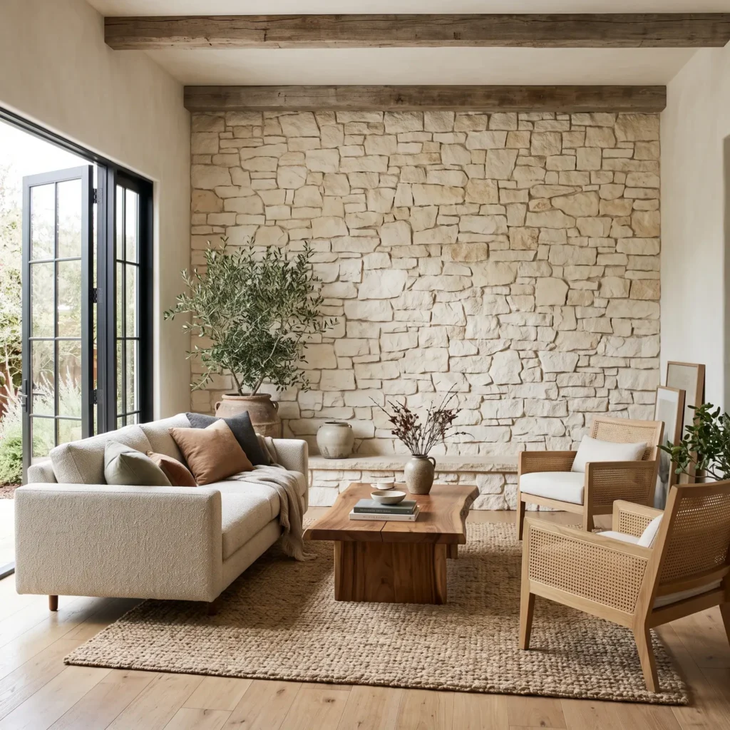 Living room with a dry-stacked limestone accent wall, low-profile sofa, and white oak accent armchairs.