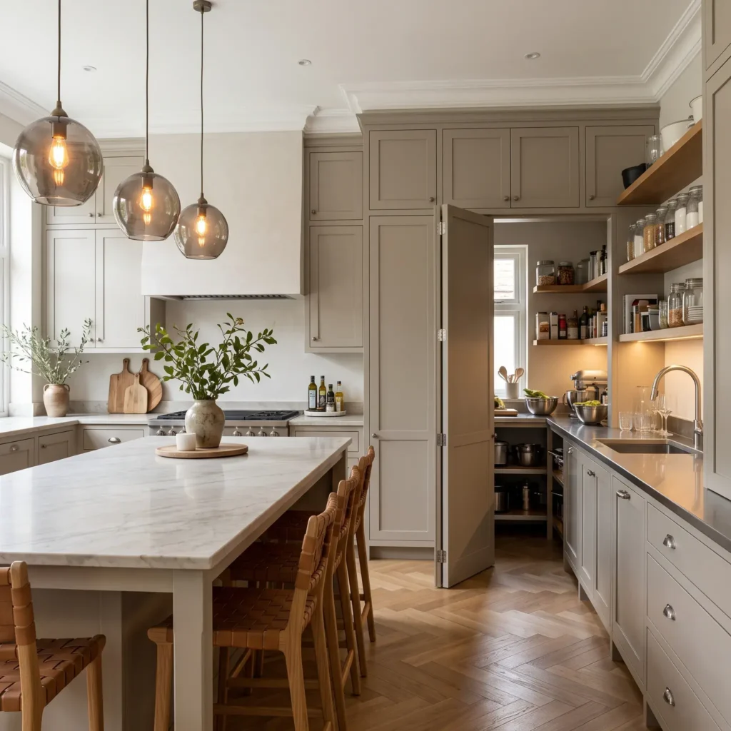 Open kitchen layout with greige cabinets showing a concealed door leading into a walk-in prep scullery.