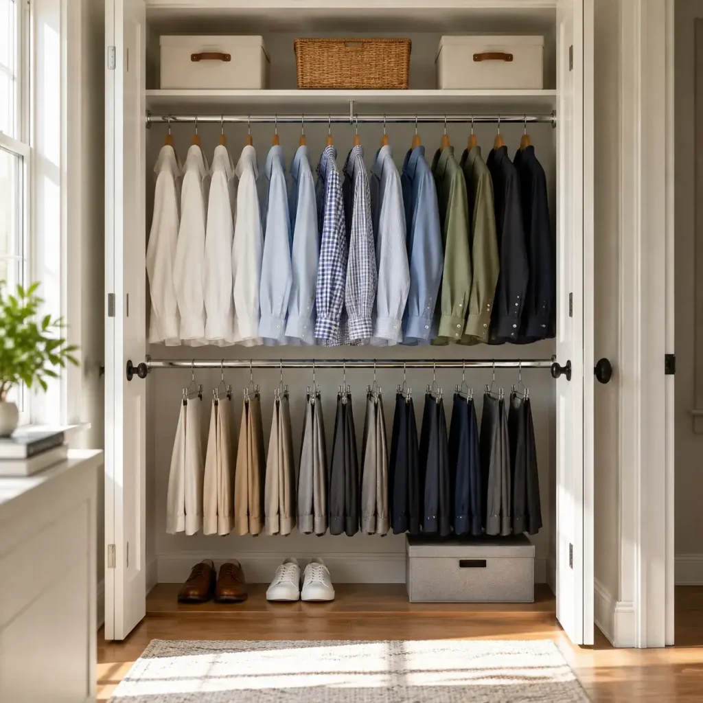Double tier hanging closet rods showing shirts on the upper rack and folded pants below.