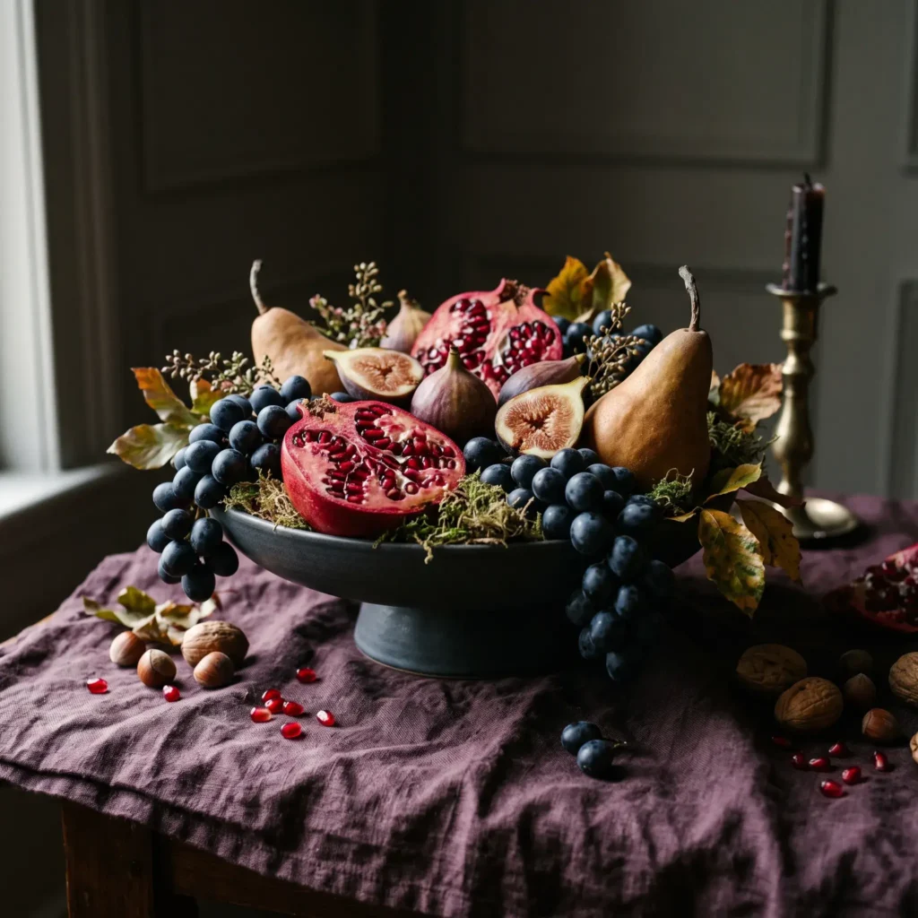 Dark stoneware footed compote bowl filled with split pomegranates, black grapes, ripe figs, and persimmons on dark linen.