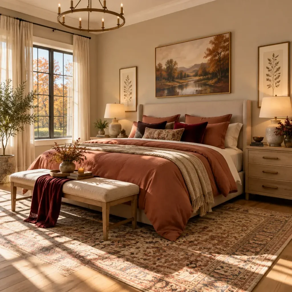 Modern autumn bedroom featuring a 60-30-10 color scheme with oatmeal walls, terracotta bedding, and oxblood accents.