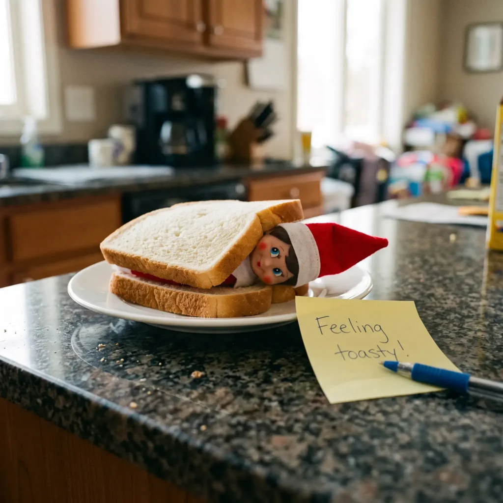 Scout elf resting between two slices of white sandwich bread on a ceramic kitchen plate with a handwritten note.