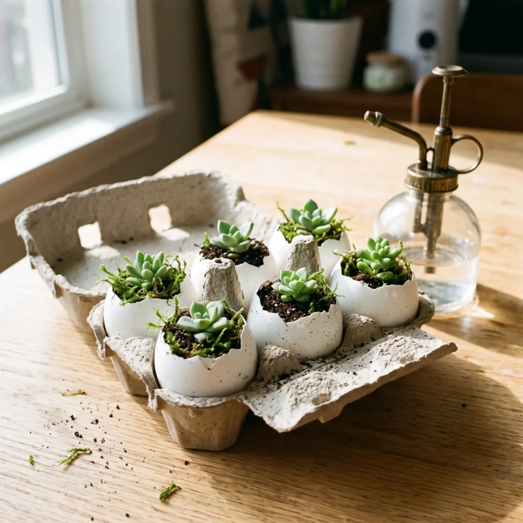 Mini succulent plants growing inside sterilized white eggshells arranged in a cardboard carton.