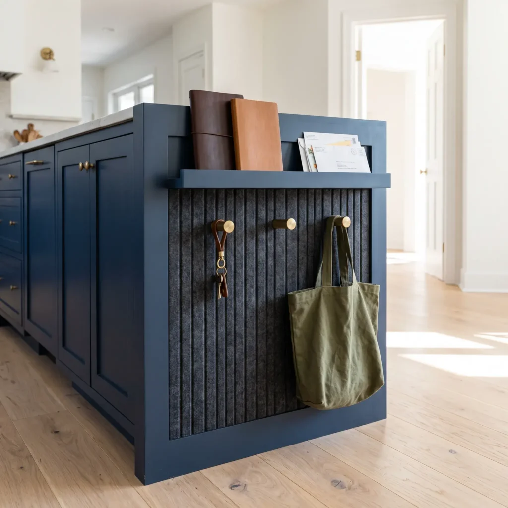 End panel of a navy kitchen island converted into a drop zone with felt backing, brass hooks, and mail ledge.