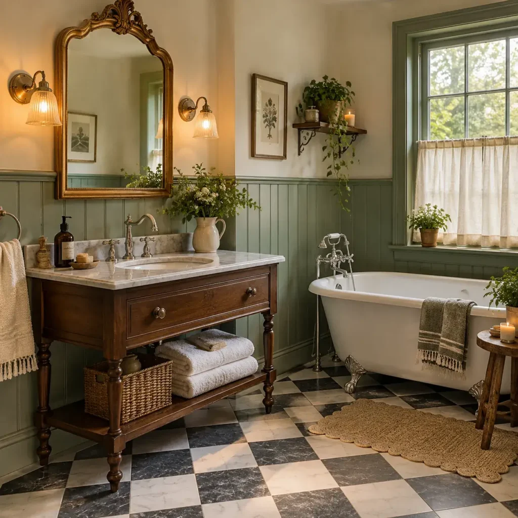 English cottage style bathroom with sage green beadboard walls, checkerboard marble tile floor, and a vintage clawfoot tub.