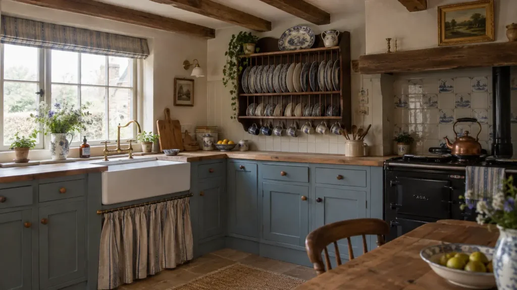 Small English cottage kitchen with dusty blue lower cabinets, a white Belfast sink, and a striped linen sink skirt.