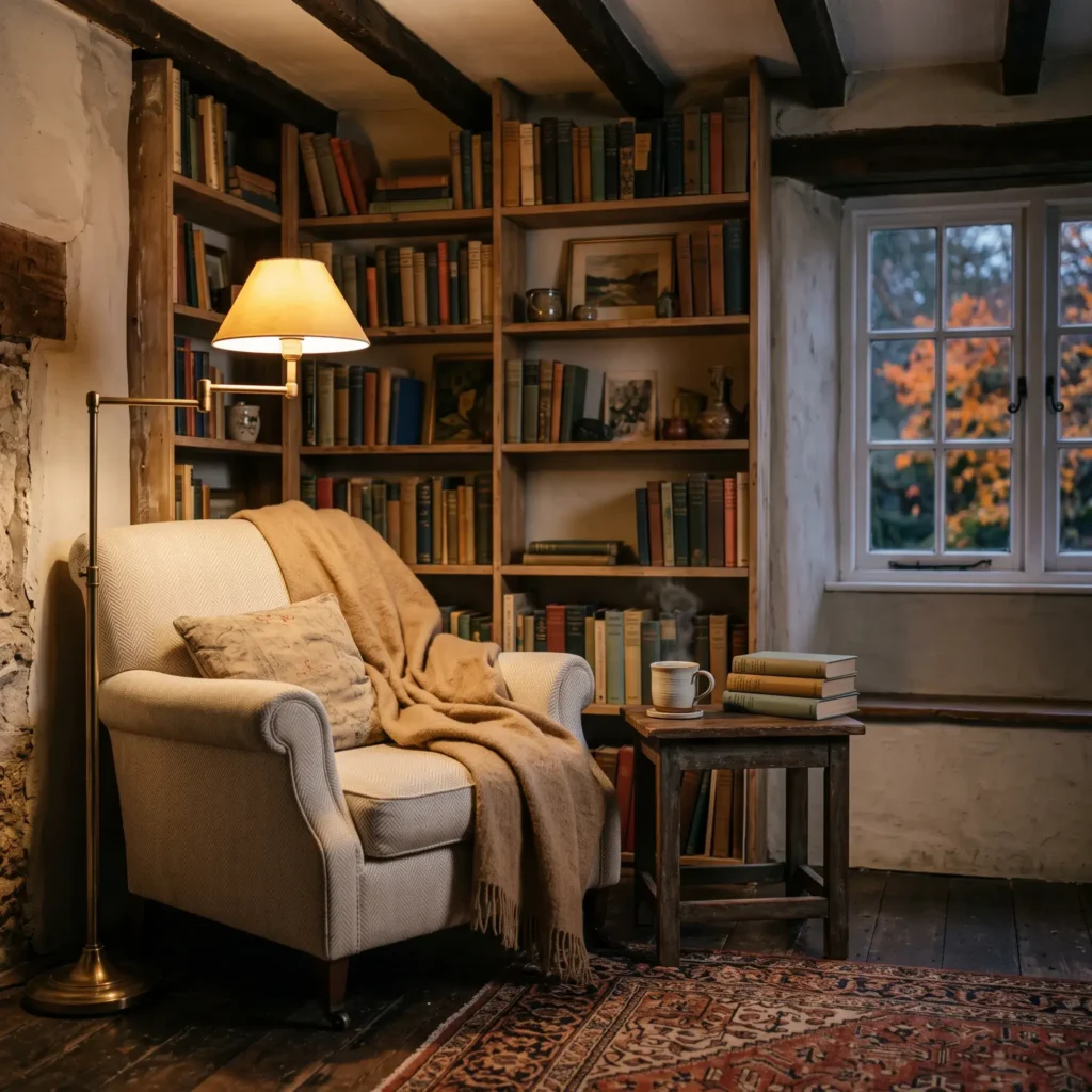 English cottage reading nook with an upholstered roll-arm armchair, brass lamp, and stacked books.