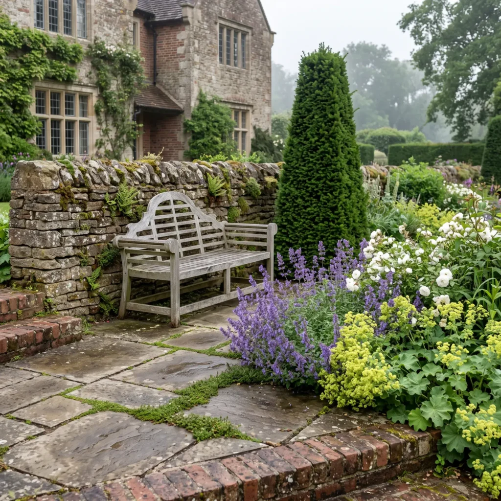 English arts and crafts stone patio with cleft flagstone, weathered brick borders, and a silver teak bench beside roses.