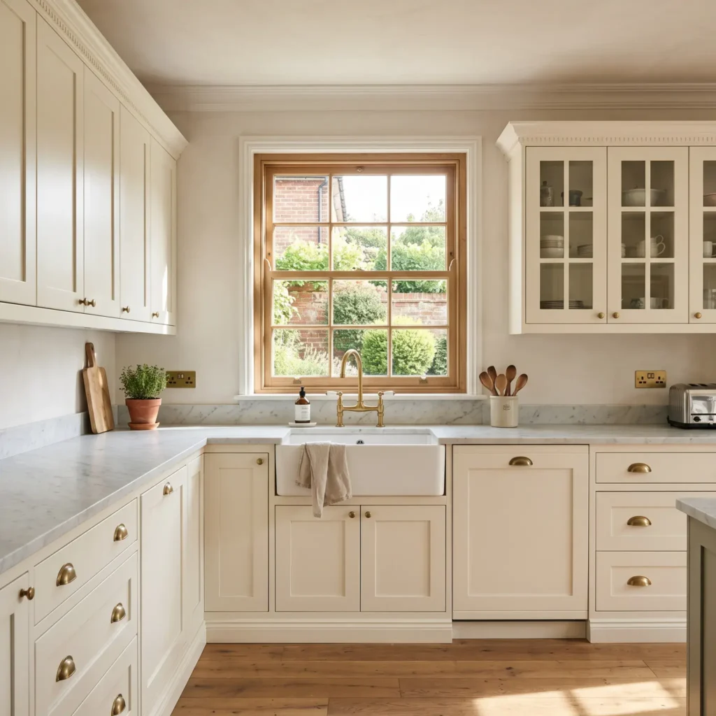 Classic English country kitchen featuring IKEA BODBYN off-white cabinets, an apron-front ceramic sink, and brass cup pulls.