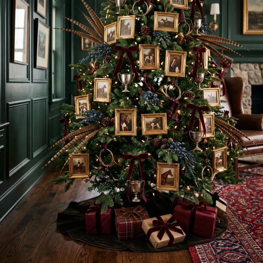 English hunt club Christmas tree decorated with miniature framed oil paintings and tarnished silver trophy cups.