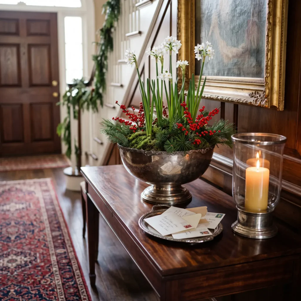Mahogany entryway table styled with an antique silver bowl of evergreens, paperwhite narcissus, and a silver mail tray.