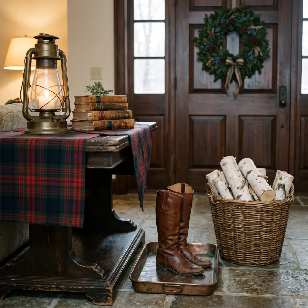 Country estate foyer with an evergreen wreath, leather boots on a brass tray, and stacked firewood.
