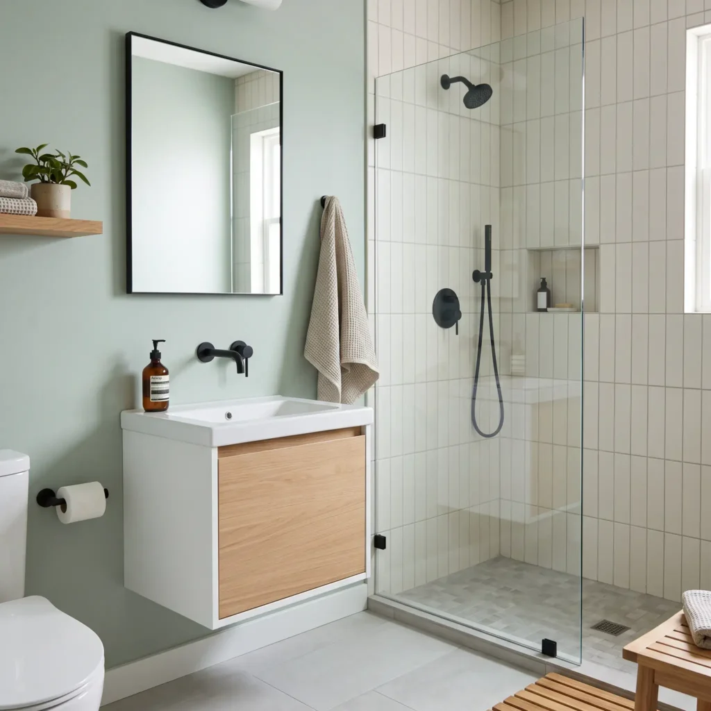 Small modern bathroom featuring pale eucalyptus walls and matte black fixtures.
