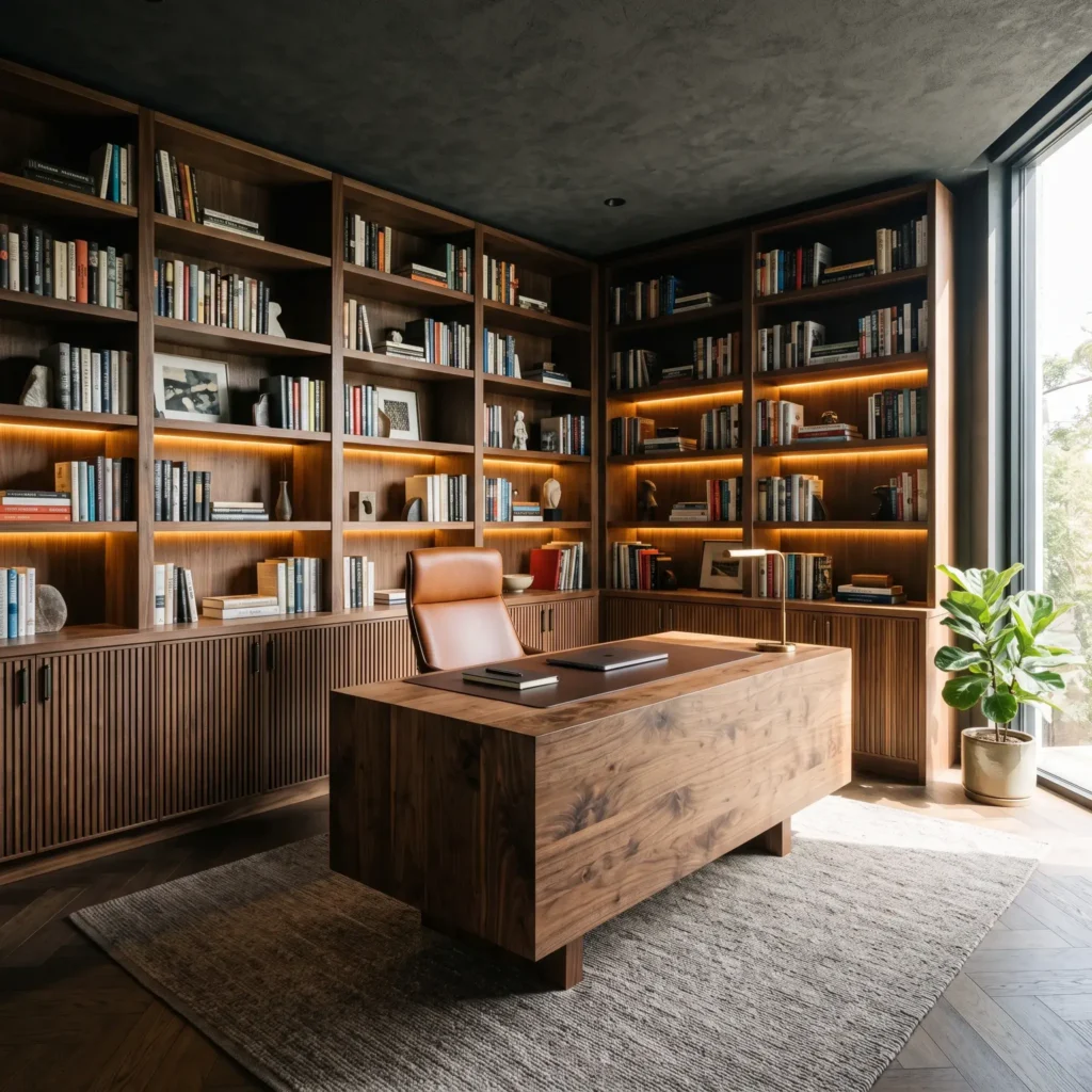 Executive home office featuring dark walnut fluted millwork, built-in library shelves, and a floating leather-inlaid desk.