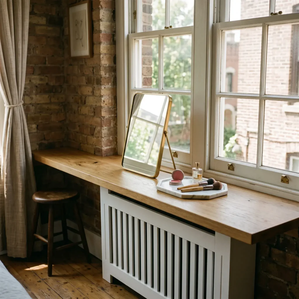 Deep wooden window sill extended into a makeup vanity counter with natural sunlight and a standing brass mirror.