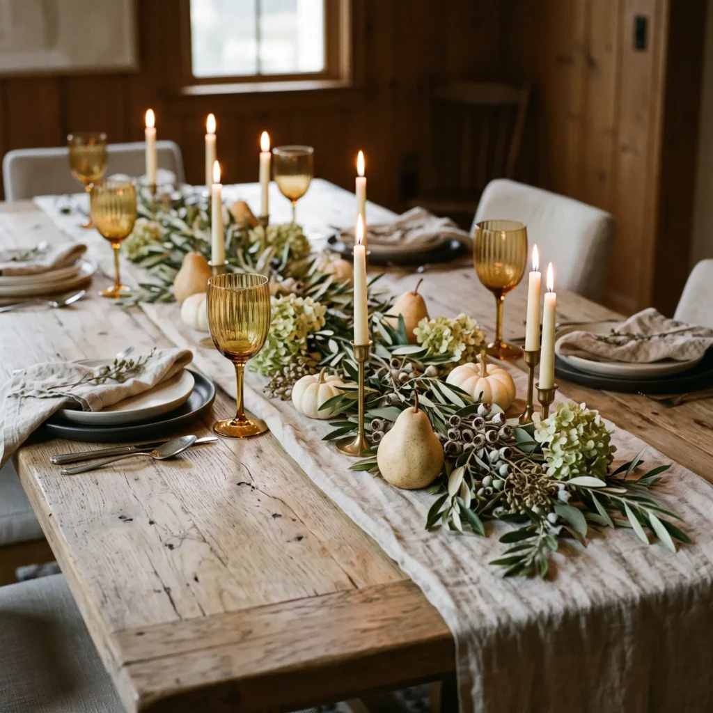 Autumn dining table set with an oatmeal linen runner, fresh olive branches, Bosc pears, and amber wine glasses.